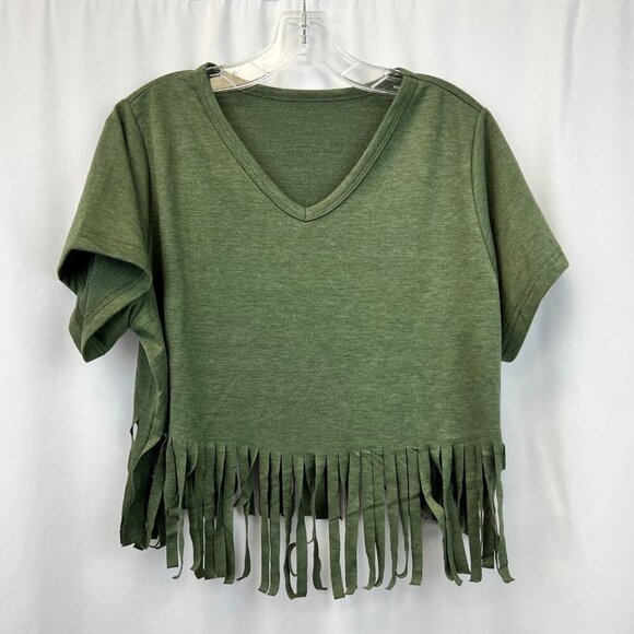 Womens Green Short Sleeve V-Neck Fringe Hem Pullover T Shirt Size Medium - Picture 1 of 8